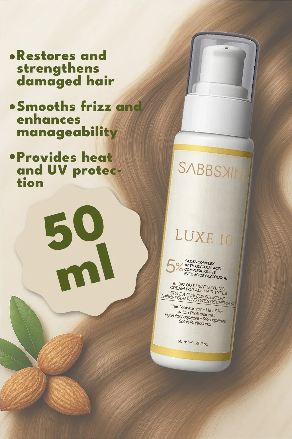 Luxe 10 Heat Protection Blowout Cream With 5% Glycolic Acid - Sabbskin